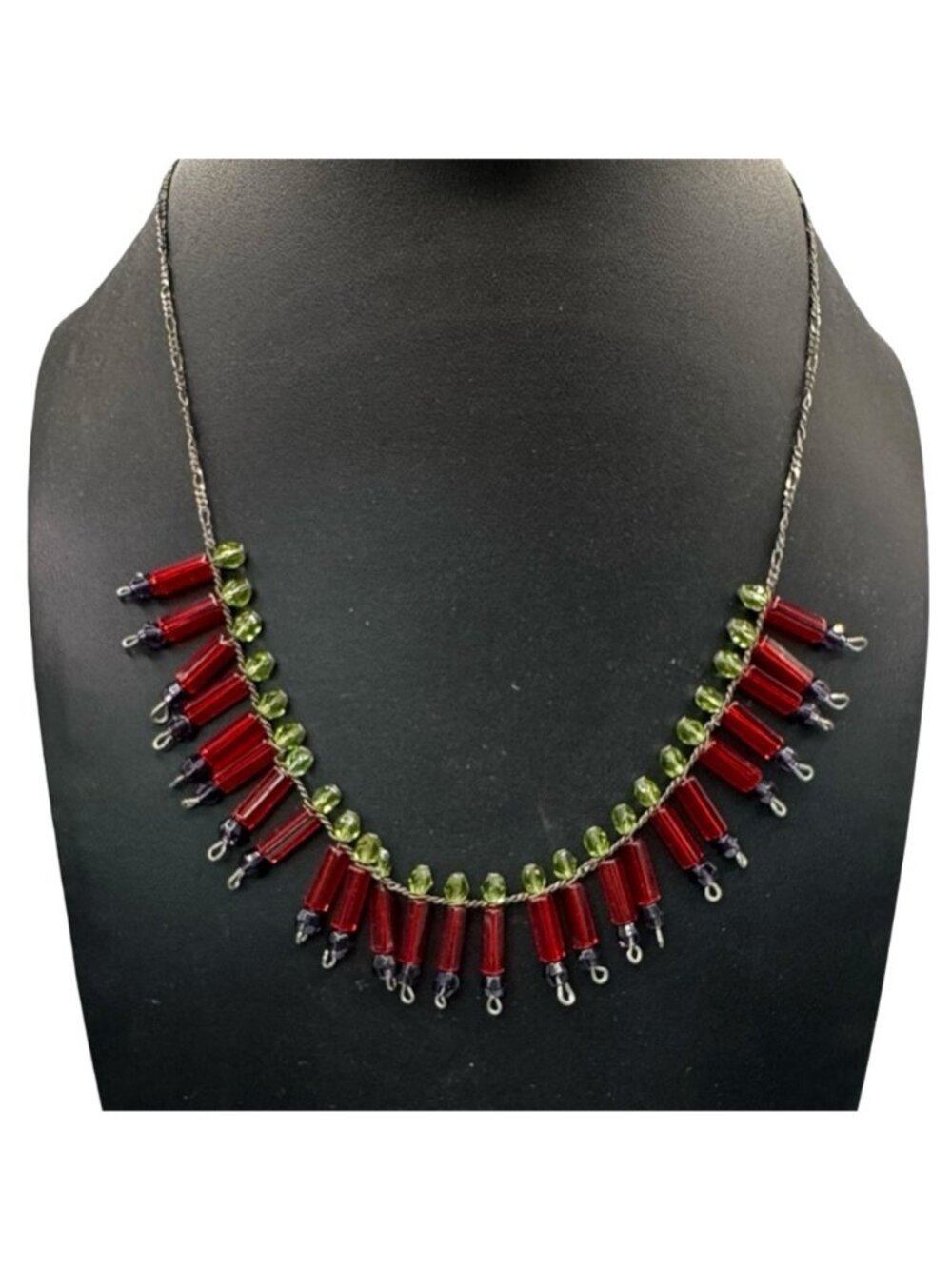 Vtg Art Deco Beaded Necklace Red Green Glass Beads Lobster Clasp 16" Victorian